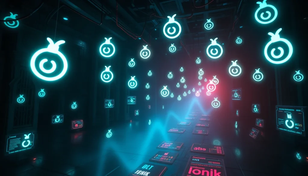 The hidden wiki 2025 depiction of a digital underground network with glowing .onion symbols and a mysterious cyber environment.