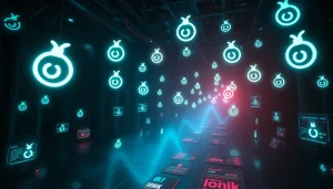 The hidden wiki 2025 depiction of a digital underground network with glowing .onion symbols and a mysterious cyber environment.