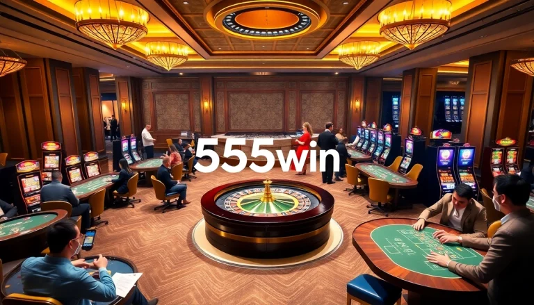 Experience the thrilling atmosphere of 555win casino with players at roulette and poker tables.