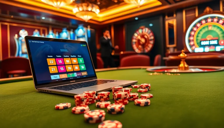 S88 nhà cái gaming table scene showcasing poker chips and a laptop interface for online gambling.