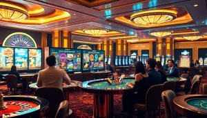 Experience thrilling idnslot gaming at a vibrant online casino with engaging players and elegant decor.