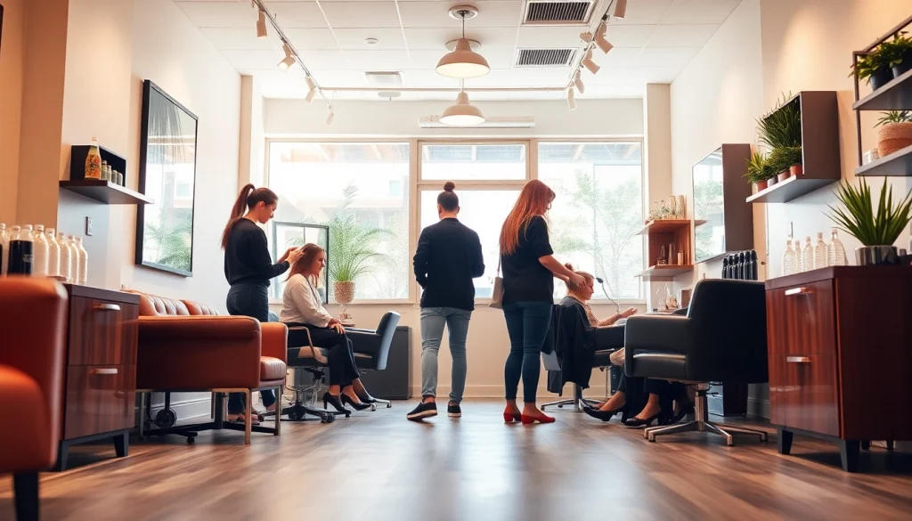 Stylists offering hair services in a hair salon San Diego environment, showcasing modern decor and personalized care.