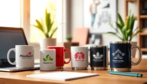 Reklaminiai puodeliai su individualiais logotipais modernioje darbo erdvėje