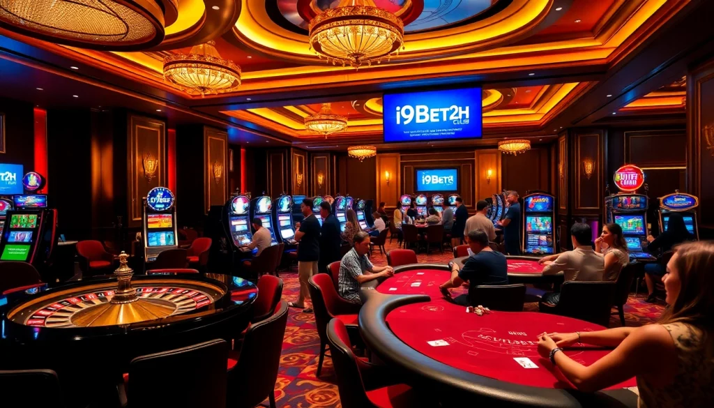 Experience thrilling gaming at https://i9bet2h.club with players at a luxurious casino table.