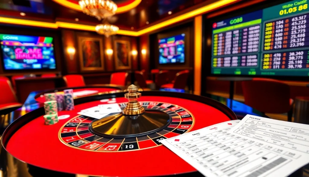 Experience the thrill of GO88 with exciting casino visuals featuring chips and roulette tables.