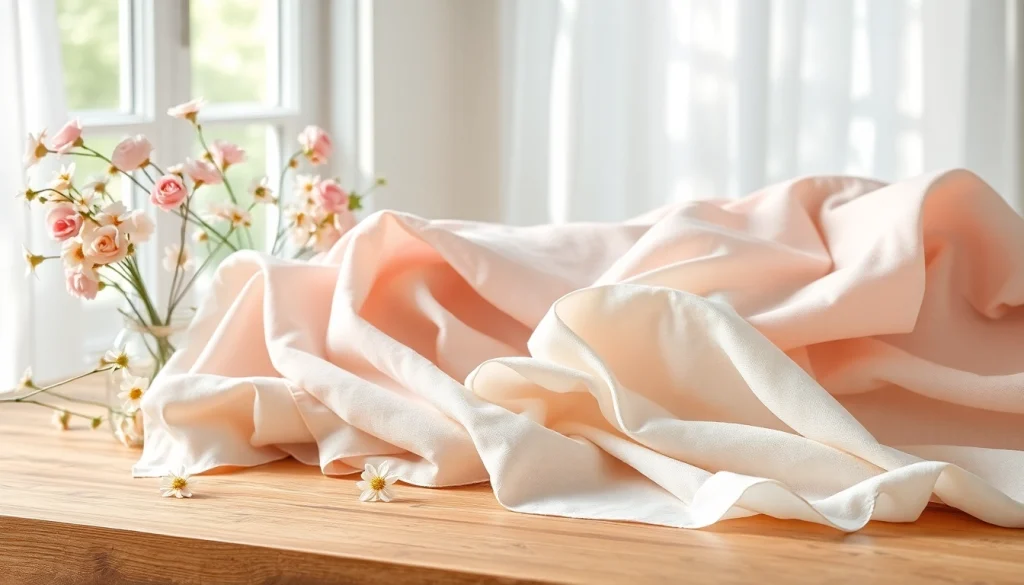 Bekijk prachtige voile stoffen, sfeervol gepresenteerd op een houten tafel met bloemen.