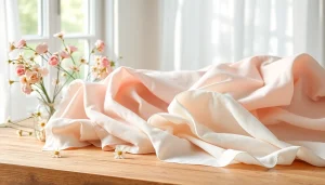 Bekijk prachtige voile stoffen, sfeervol gepresenteerd op een houten tafel met bloemen.