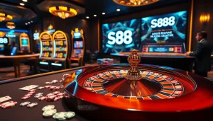 Engaging players at S88 casino table with roulette and poker chips.