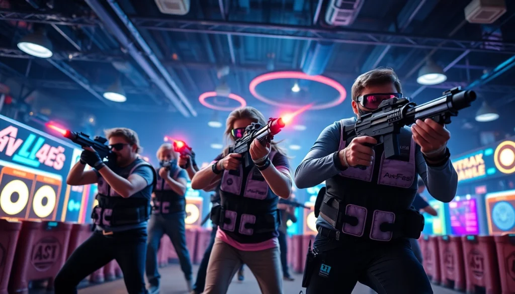 Players engaging in an exciting laser tag battle in a vibrant arena with neon lights.