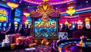 Spinning the reels on the Zeus slot machine amidst a vibrant casino atmosphere