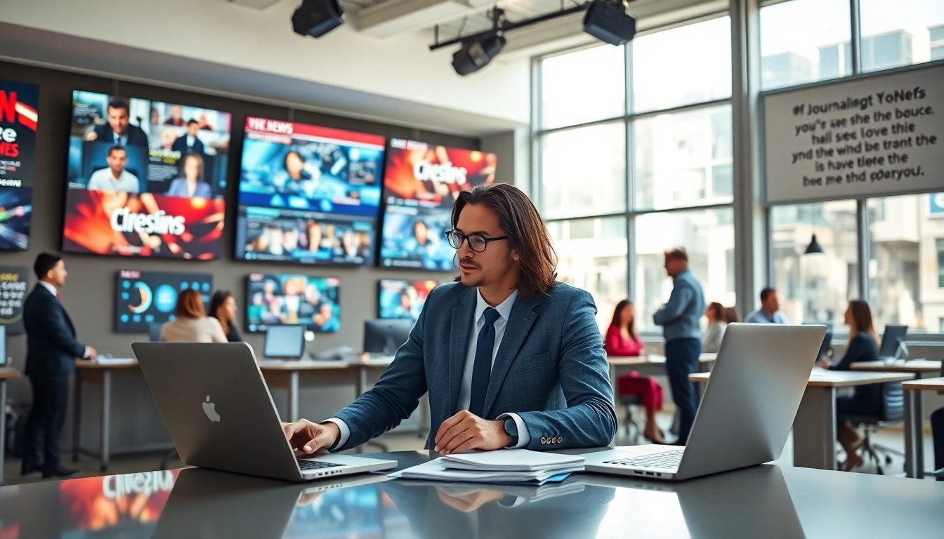 Capture news events in a vibrant newsroom filled with journalists and digital screens.