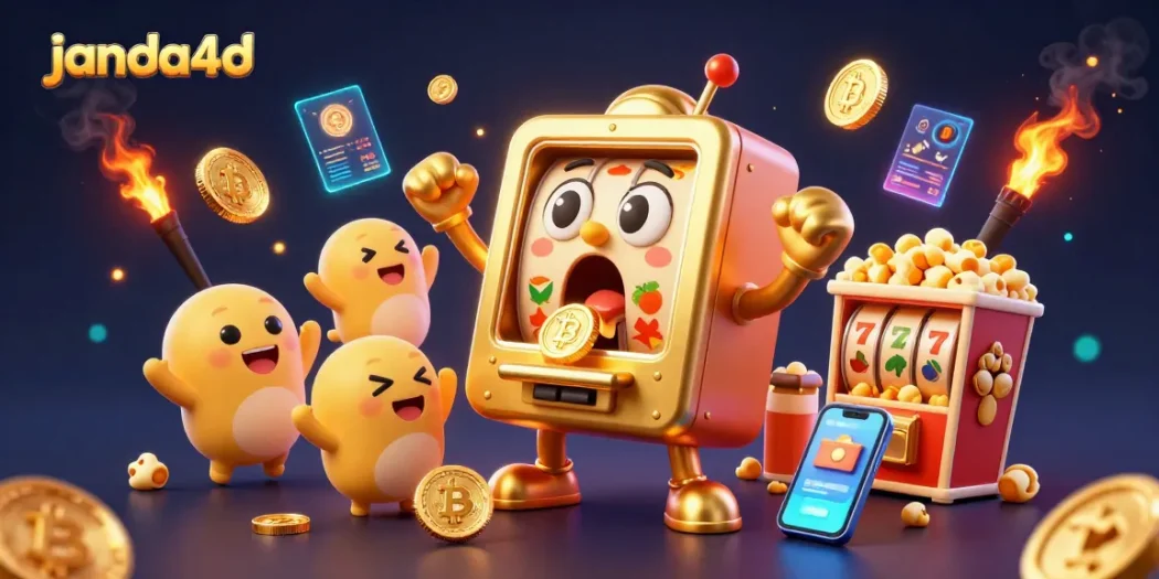 Mesin slot Janda4D menghadapi jackpot, dikelilingi simbol buah dan koin Bitcoin.