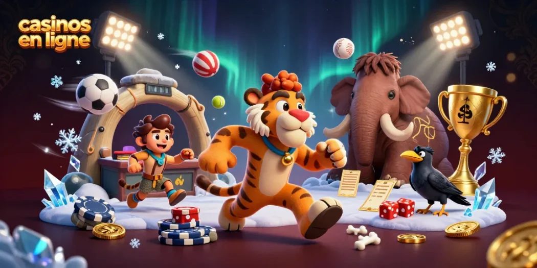Découvrez les casinos en ligne avec cette scène dynamique de personnages en 3D jouant au casino préhistorique.