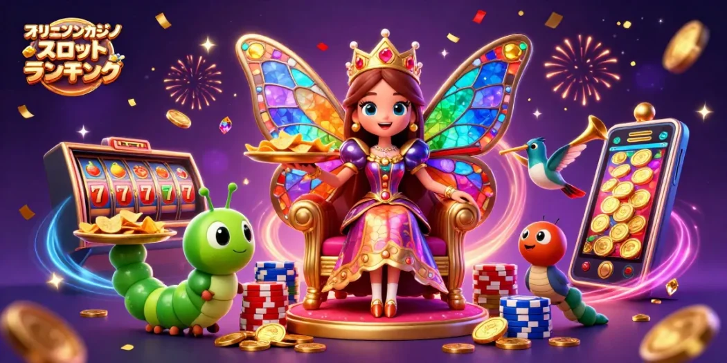 オンラインカジノ スロット ランキングのスロットリールと豪華なキャラクターが描かれたビジュアル