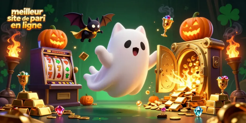 Illustration du meilleur site de pari en ligne avec un chat fantôme et des éléments de casino en 3D.