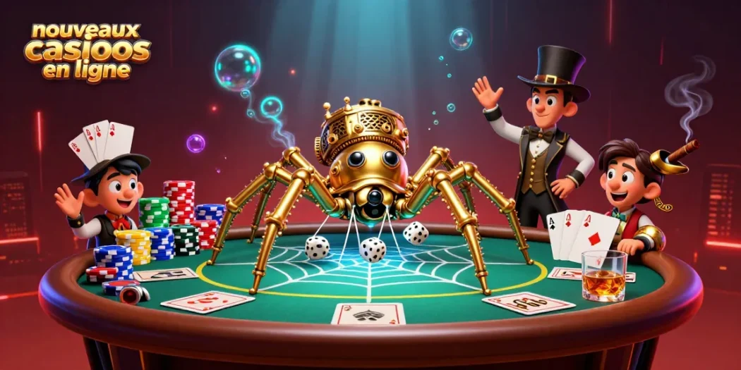 Illustration d'un nouveau casino en ligne présentant une araignée steampunk dorée dans un décor luxueux de jeux de cartes.
