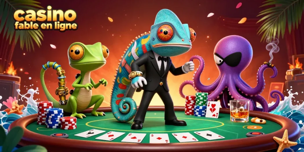 Table de poker animée avec un caméléon. Un casino fiable en ligne prend vie.